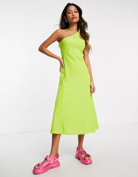 Topshop – Auffälliges, asymmetrisches Midikleid in Limettengrün