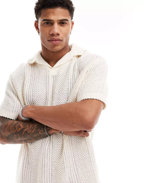 ASOS DESIGN relaxed textured polo with revere neck in cream