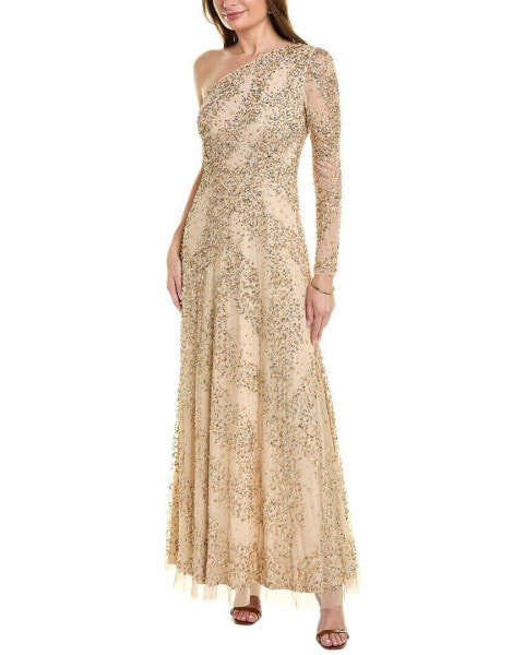 Aidan Mattox Beaded One-Shoulder Gown Women's Gold 2