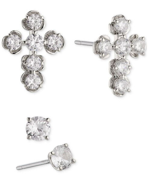 Rhodium-Plated 2-Pc. Set Cubic Zirconia Floral Cross & Solitaire Stud Earrings, Created for Macy's
