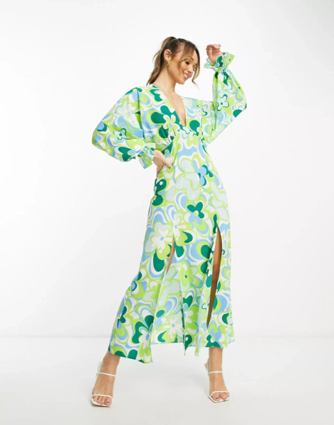 ASOS DESIGN plunge batwing maxi dress in green retro floral