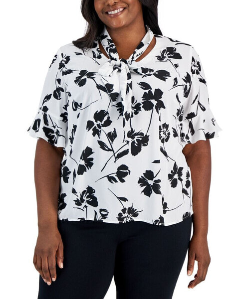 Plus Size Printed Tie-Neck Flutter-Sleeve Top