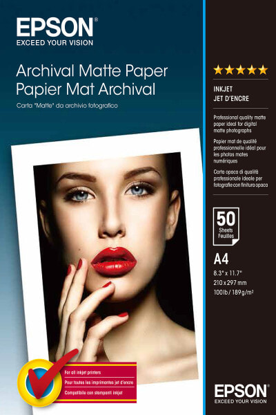 Epson Archival Matte Paper - A4 - 50 Sheets - Matte - 192 g/m² - A4 - White - 50 sheets - WorkForce Pro WF-C5790DWF SureColor SC-T7200D SureColor SC-T7200 SureColor SC-T7200 SureColor...