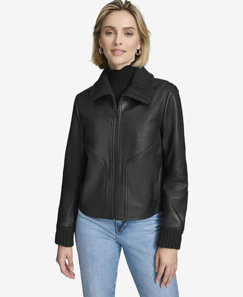 Women's Beatrix Rib-Knit Trimmed Leather Jacket