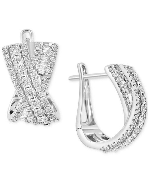 EFFY® Diamond Round & Baguette Crossover Huggie Hoop Earrings (7/8 ct. t.w.) in 14k White Gold