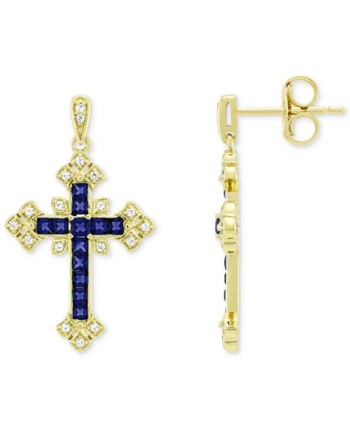 Lab-Grown Blue Sapphire (5/8 ct. t.w.) & Lab-Grown White Sapphire (1/10 ct. t.w.) Ornate Cross Drop Earrings in 14k Gold-Plated Sterling Silver (Also in Lab-Grown Emerald)