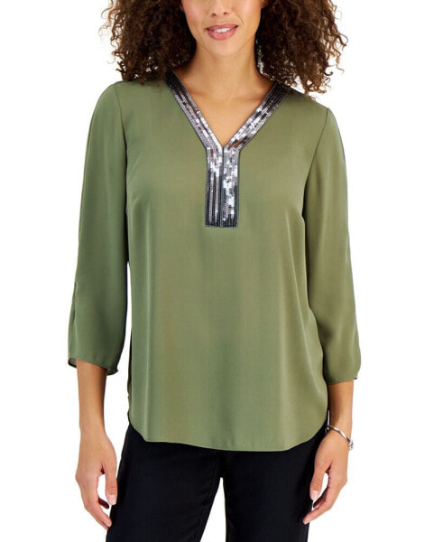 Women's Sequin-Trim 3/4-Sleeve Tunic, Created for Macy's