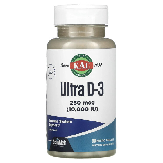 Витамин D KAL Ultra D-3, без вкуса, 250 мкг (10 000 МЕ), 90 микротаблеток