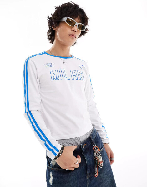 COLLUSION Football top long sleeve muscle in white with Milan print