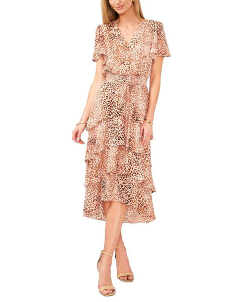 Women's Animal-Print Flutter Sleeve Tiered Midi Dress