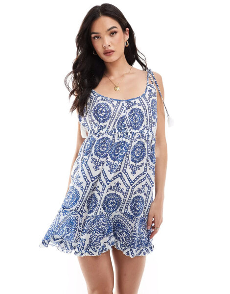 Wednesday's Girl printed emboidery mini smock beach dress in blue