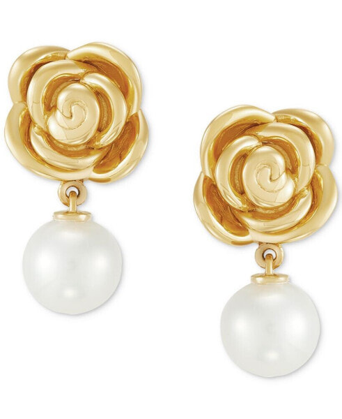 Cultured Freshwater Pearl (7-1/2mm) Rose Drop Earrings in 14k Gold