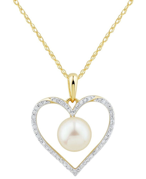 Cultured Freshwater Pearl (7mm) & Diamond (1/7 ct. t.w.) Heart 18" Pendant Necklace in 14k Gold (Also in White Gold)