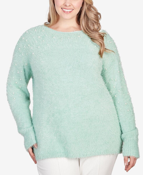 Plus Size Imitation Pearl Studded Metallic Eyelash Sweater