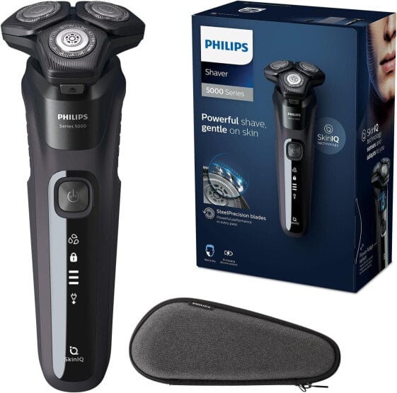 Philips Shaver Series 5000 - Men's Electric Wet and Dry Shaver with Fold-Out Trimmer, Cleaning Station, 4 Cleaning Cartridges & Travel Case (Model S5885/69)