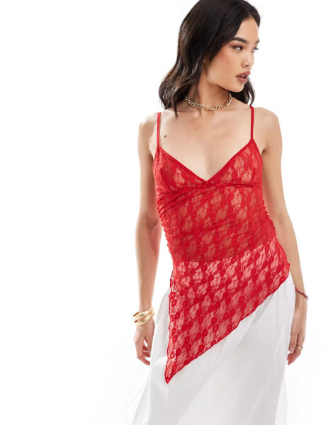 Pull&Bear lace strappy cami with asymmetric hem in red