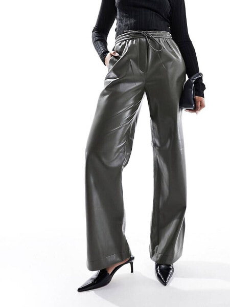 Mango drawstring soft leather look trousers in khaki