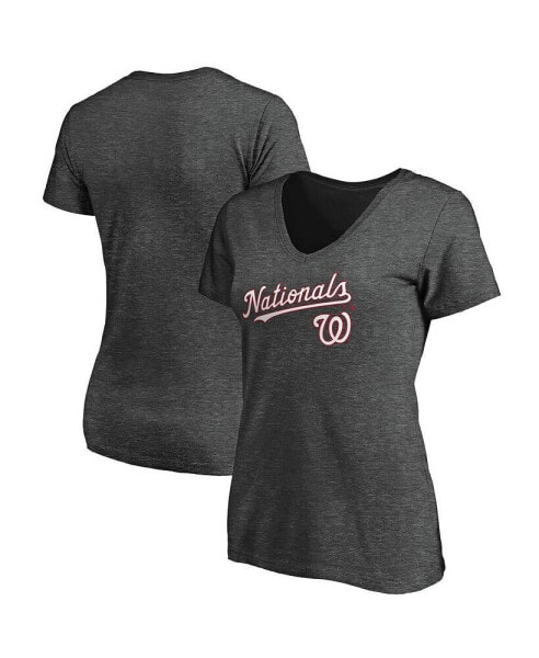 Women's Heathered Charcoal Washington Nationals Team Logo Lockup V-Neck T-shirt