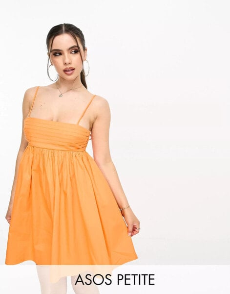 ASOS DESIGN Petite cotton pleat bust babydoll mini sundress in orange