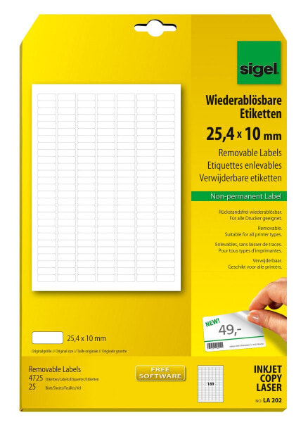 Sigel LA202 - White - Rounded rectangle - Removable - 25.4 x 10 mm - A4 (210x297 mm) - Universal