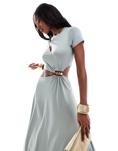 ASOS DESIGN modal cutout t-shirt beaded ruched maxi dress in sage green