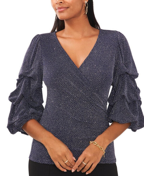 Women's Glitter-Knit Tiered-Sleeve Surplice Top