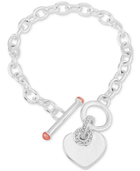 Silver-Tone Pavé Heart Charm Link Bracelet