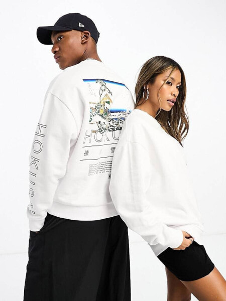 ASOS DESIGN unisex oversized sweatshirt with Hokusai Wave print in white