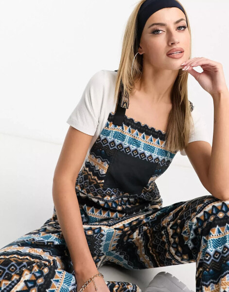 Kavu Pocatello fleece dungarees in fairisle print