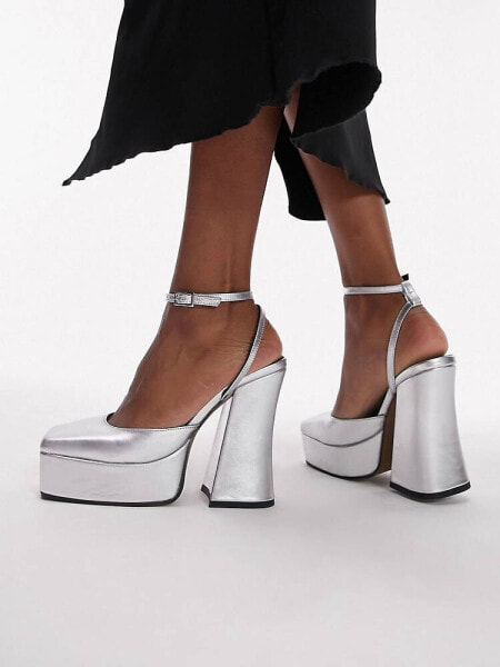 Topshop – Sapphire – Zweiteilige Schuhe aus hochwertigem Leder in Silber mit Plateausohle