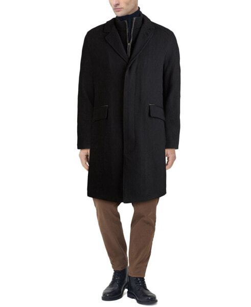 Men's Layered Look Classic-Fit Twill Topcoat with Faux-Leather Trim