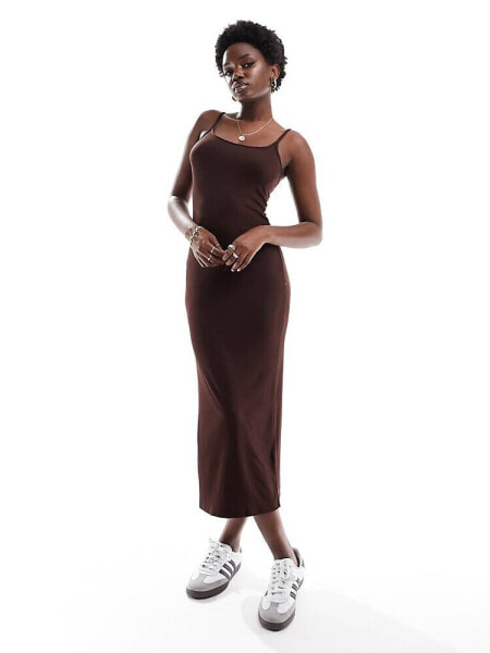 Cotton:On staple ribbed 90s cami slip midi dress in dark brown