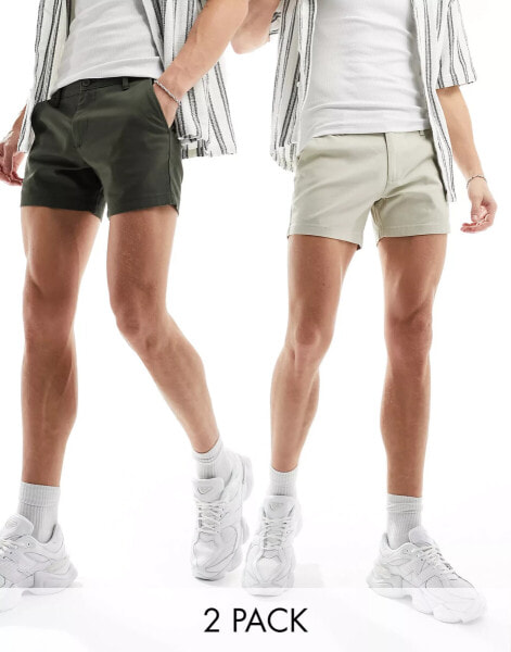 ASOS DESIGN 2 pack skinny chino shorts in khaki and stone save