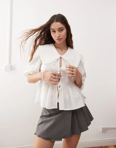 Monki long sleeve frill collared peplum blouse in white