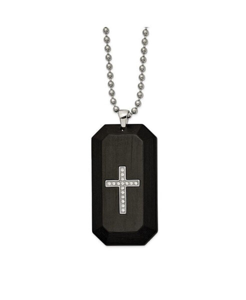 Chisel solid Carbon Fiber CZ Cross Dog Tag Ball Chain Necklace
