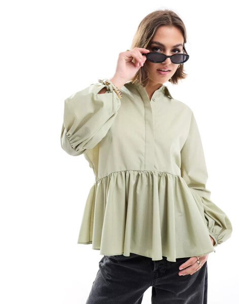 ASOS DESIGN dropped waist peplum shirt in light khaki