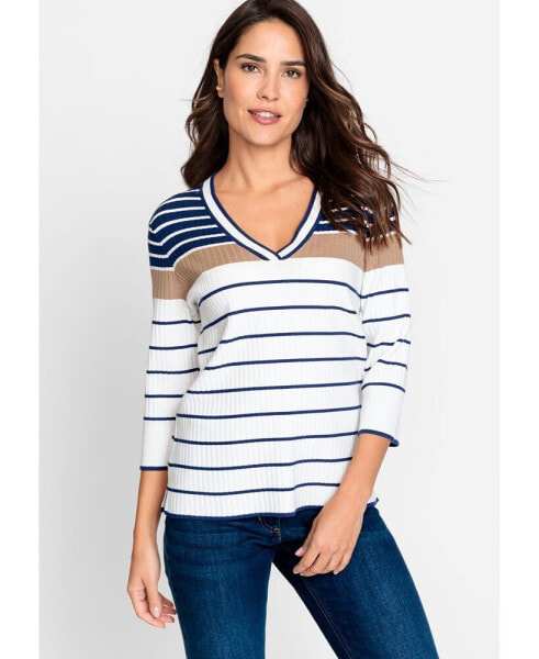 Women's 3/4 Sleeve Striped V-Neck Pullover