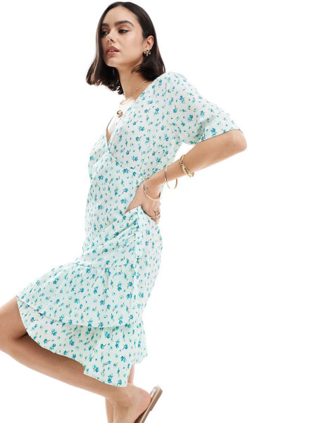 Vero Moda wrap front mini dress in light blue floral