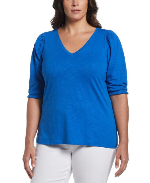 Plus Size cotton Smocked Elbow Sleeve Top