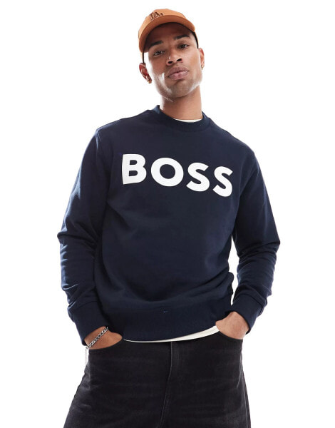 BOSS Orange basic crew sweatshirt in navy with logo print