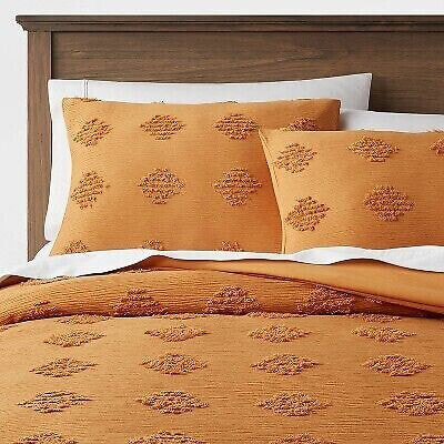 Full/Queen Tufted Diamond Crinkle Duvet Cover and Sham Set Dark Gold - Threshold