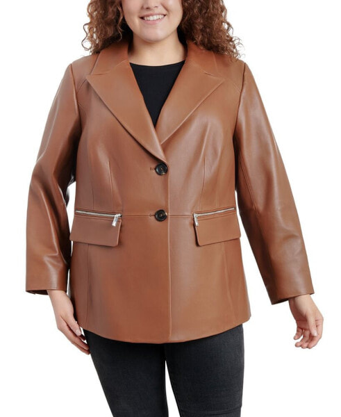 Women's Plus Size Zip-Pocket Leather Blazer Coat