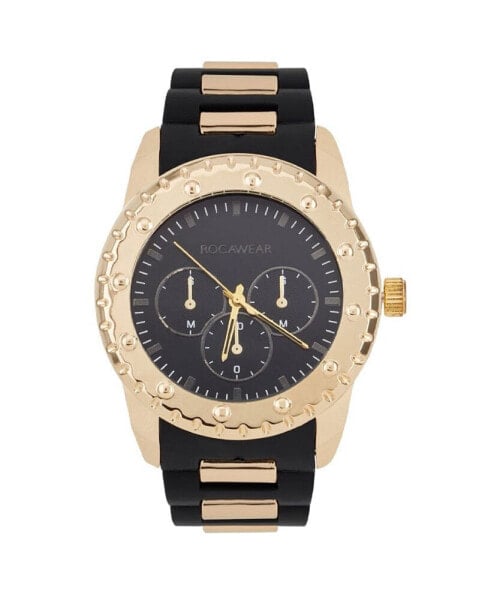 Men's Analog Matte Black and Shiny Gold-Tone Link Rubber Strap Watch 51mm