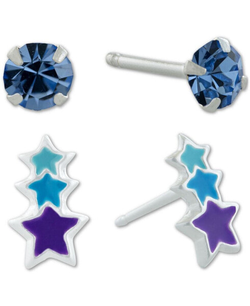 2-Pc. Set Crystal Solitaire & Enamel Star Stud Earrings in Sterling Silver, Created for Macy's