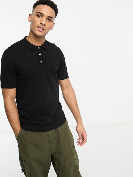 Jack & Jones Essentials knitted polo in black