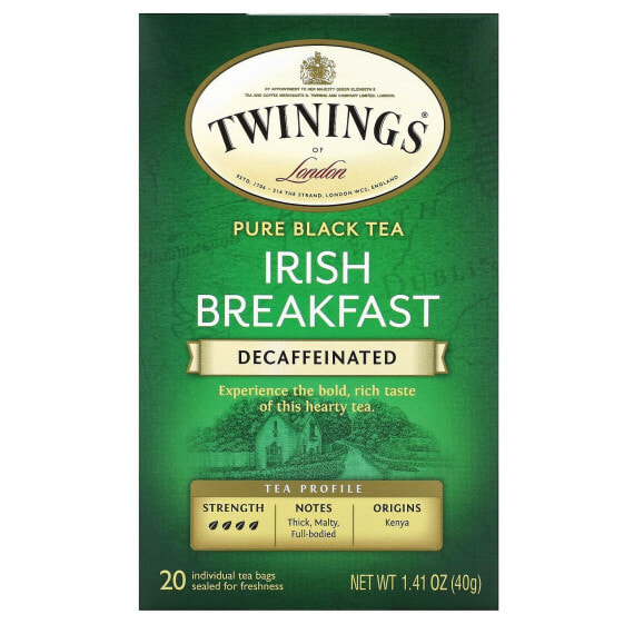 Twinings, Чистый черный чай, ирландский завтрак, без кофеина, 20 чайных пакетиков, 40 г (1,41 унции)