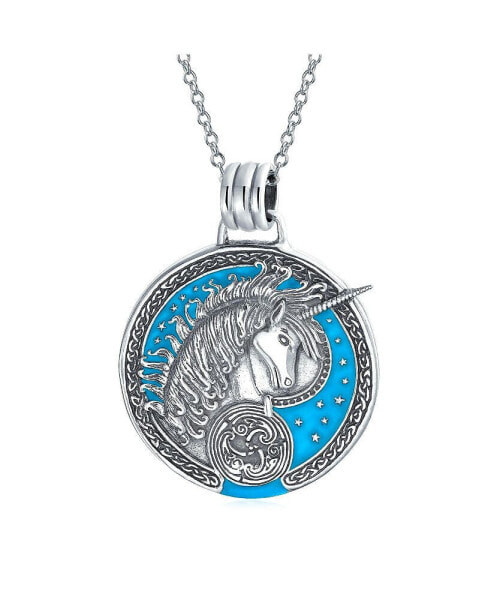 Unisex Large Round Statement Pegasus Medallion Celestial Blue Mythical Unicorn Pendant Necklace For Women For Men Teen Oxidized .925 Sterling Silver