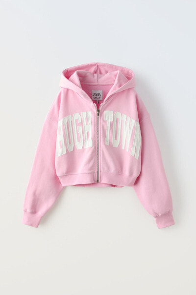 Hoodie with zip and slogan