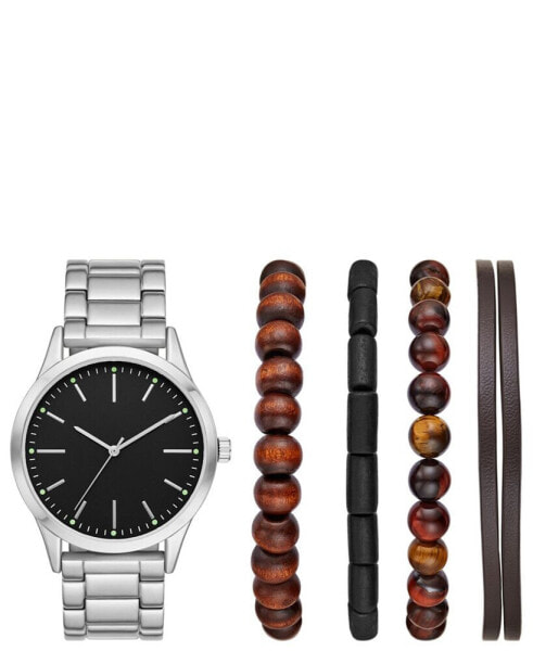 Men's Silver-Tone Bracelet Watch Gift Set, 44mm