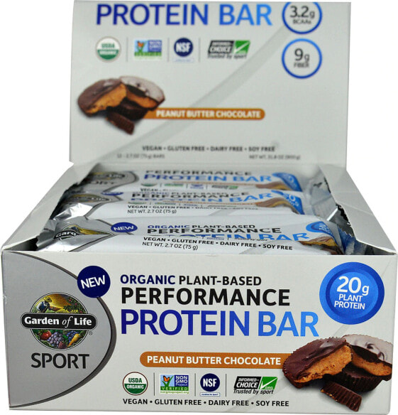 Garden of Life Sport Performance Protein Bar Peanut Butter Chocolate Протеиновый батончик на растительной основе 12 батончиков